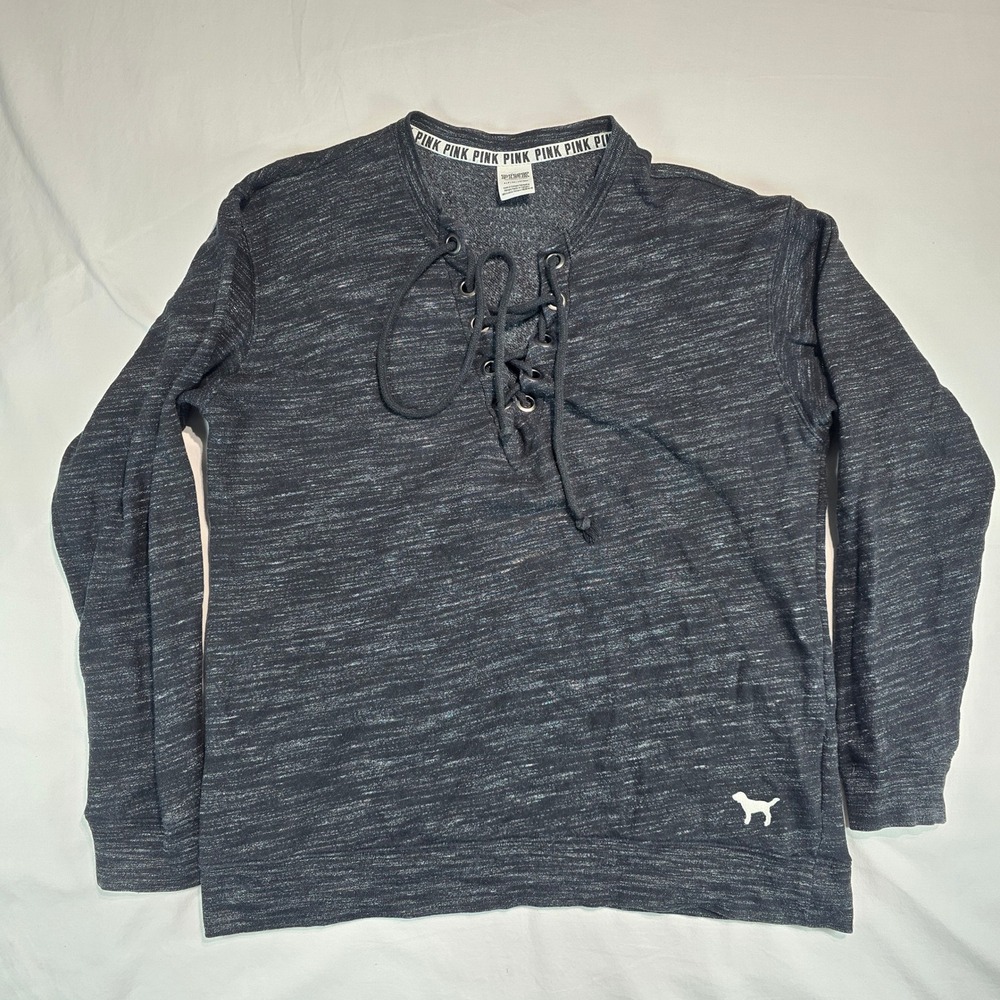 Victorias Secret PINK Lace Up Sweatshirt Gray Love Pink Graphic Fleece Small